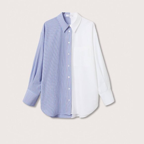 Mango MNG Pinstripe Color Block Oversized Shirt Button Down Blue White Women's S - Picture 10 of 10